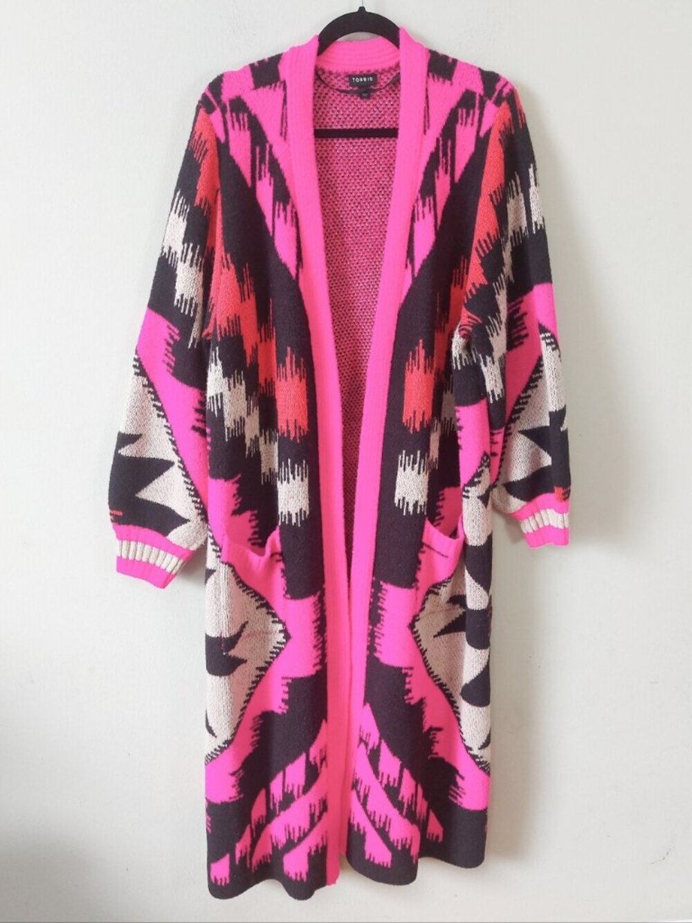 Torrid Geometric Open Front Long Duster Cardigan Plus Size 2 Pink Cozy Oversized